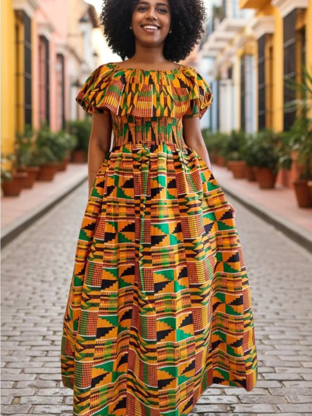Maxi Frill Dress / Orange Kente